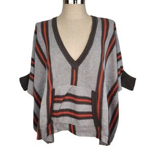Indigenous Organic Cotton V Neck Poncho Sweater Size 1/Small Gray Orange Stripe
